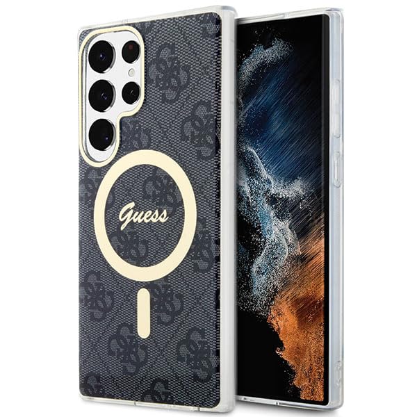 Custodia Rigida Guess Grip Stand 4G Triangle Strass Per Samsung Galaxy S24 Ultra – TPU E Similpelle Marrone, Con Cinturino E Logo Dorato Con Cristalli