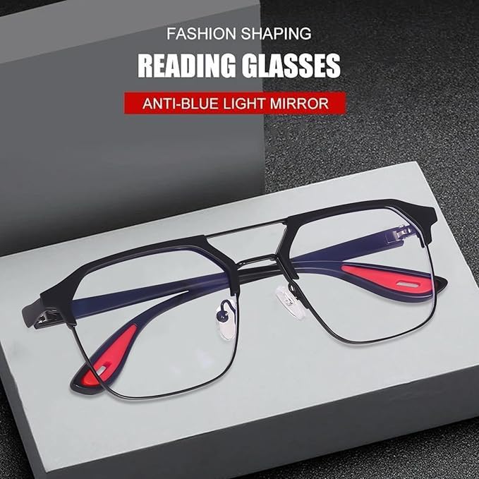 Image of Black Jones Half-Rim Aviator Eyeglasses Frame, Grey and Orange, Metal and Plastic, Double Bridge, Clear Lens