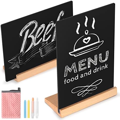 Small Chalkboard Message Sign, Reusable Double Sided Chalkboard Signs with Wooden Base Stand, 6 x 8 Desktop Message Board for DIY Home Decoration, Cafe, Set of 2