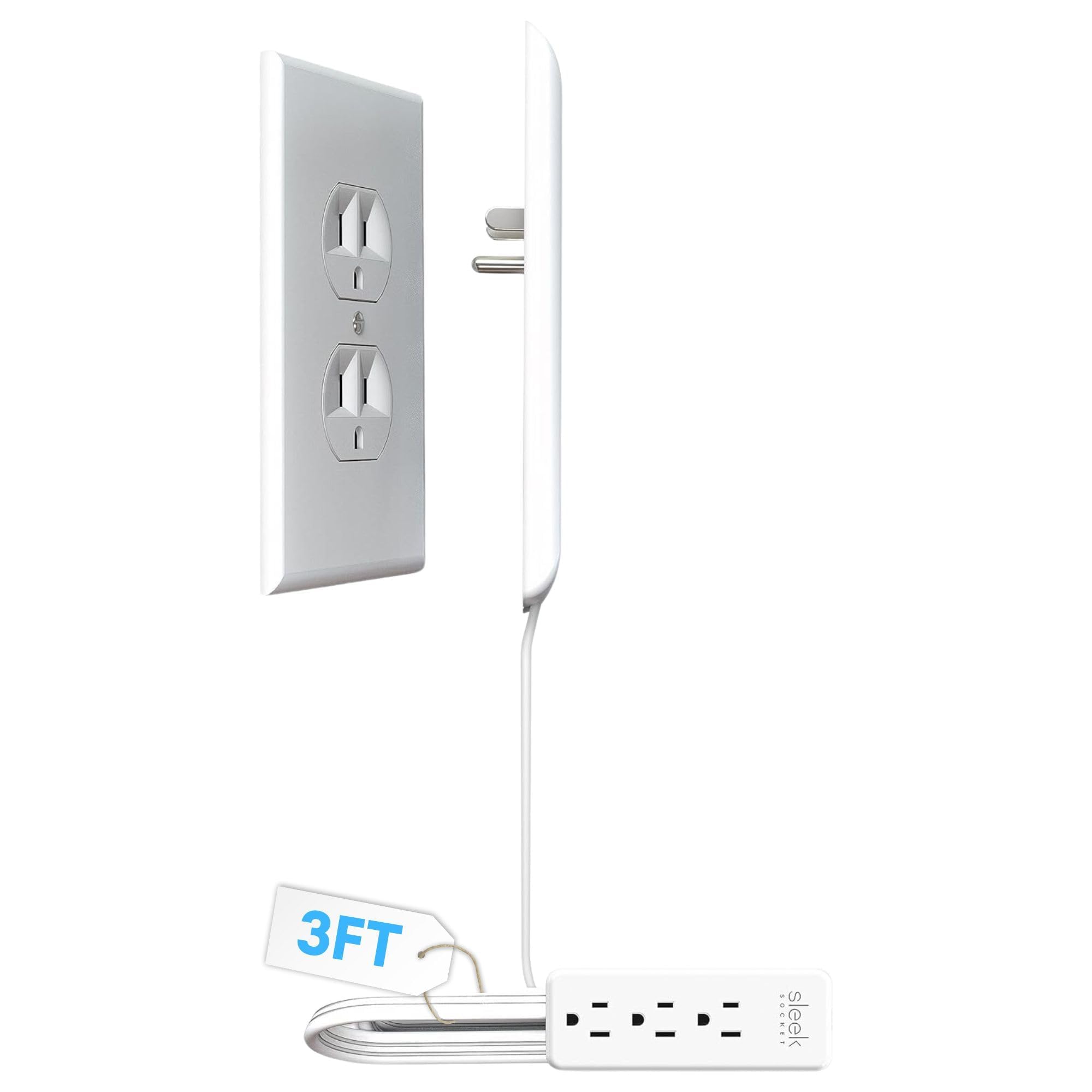 Sleek Socket Original & Patented Flat Ultra-Thin Outlet Concealer with Extension Cord Kit, Multi Outlets Power Strip, Ideal for Home Improvement, Hide Bulky and Messy Cords, 3ft