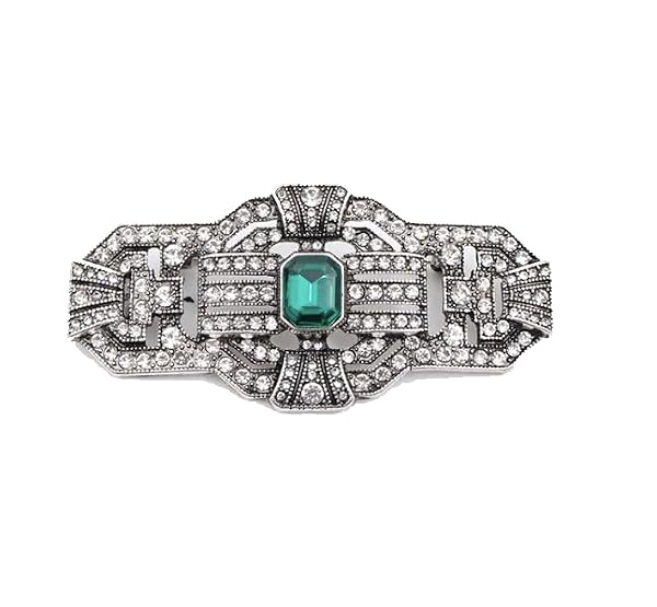 LARGE Antique Vintage Classic Art Deco Style Silver Tone Green Emerald Rhinestone Statement Bridal Wedding Brooch Pin by Secret for Longevity - Used condition - US$20.23