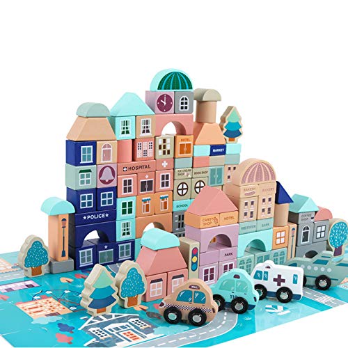 GEMEM Wooden Blocks-133 Pc for Kids Preschool Ages-Classic Shapes Colorful Wood Block Set Colored Castle Building Kit Toy for Boys & Girls with with 48 Pcs Playset
