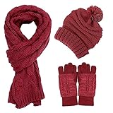 Scarf Hat Gloves Set Women Warm Knit Winter Gift Pom Beanie Touch Screen 3 Pcs