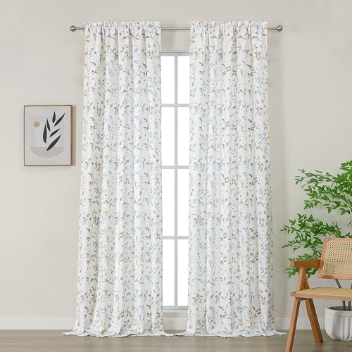 Image of Chyhomenyc Light Filtering 108 Inch Window Curtains - Linen Blend Floral Printed Curtains Drapes for Living Room, Soft Farmhouse Curtain for Bedroom, 52Wx108L Inch, 9 FT, 2 Panels