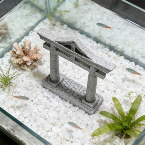Image of livelyfish Japanese Fish Tank Decorations Asian Aquarium Decor Torii Gate Ornament Japanese Shrine Oriental Pagoda Aquarium Sandstone Bridge Statues Betta Fish Decorations for Tank, L2