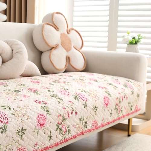 Image of HOKIPO 'HomeHues Series' Printed Quilted Sofa Cover Mat for 2 Seater Sofa, Beige Peonies (IN-807-D3*1)