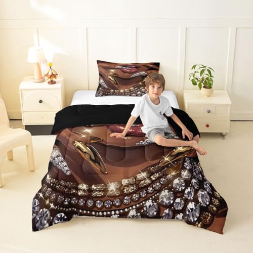 Image of Erosebridal Black Woman Comforter Set African American Toddler Bedding Set for Teens Adult Afro Black Female Duvet Insert Glitter Artwork Magical Bed Set Room Decor (1 Comforter, 1 Pillowcase)