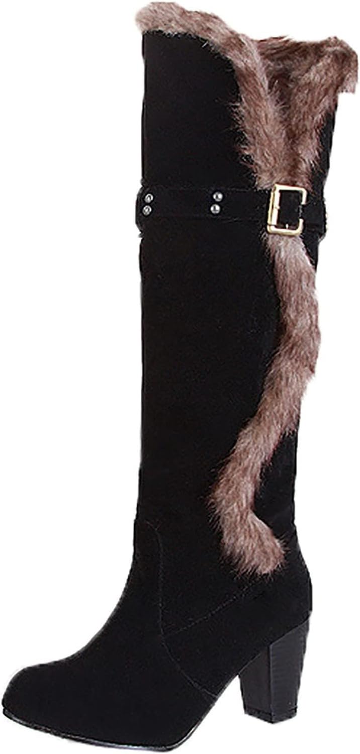 Women's Winter Fur Cut Out Knee High Boot Fashion Chunky Heels Warm Insulated Boots Trendy High Heel Snow Booties