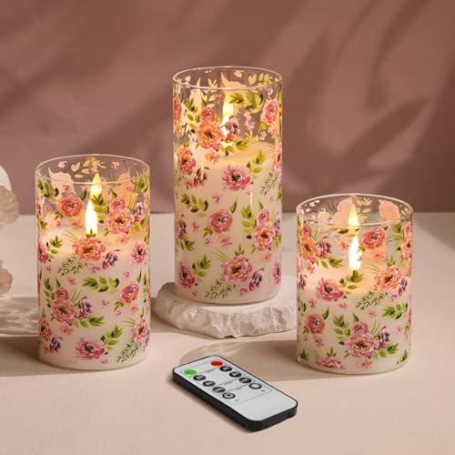Eywamage Floral Glass Flameless Candles with Remote, Flickering Battery Powered LED Candles D 3" H 4" 5" 6"