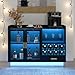 COCO DESIGN Modern Wine Bar Cabinet with LED Light & Locked Glass Door, Floating Coffee Bar with Power Outlets & Glass Rack, Black Buffet Sideboard with Removable Wine Rack and Drawer for Living Room