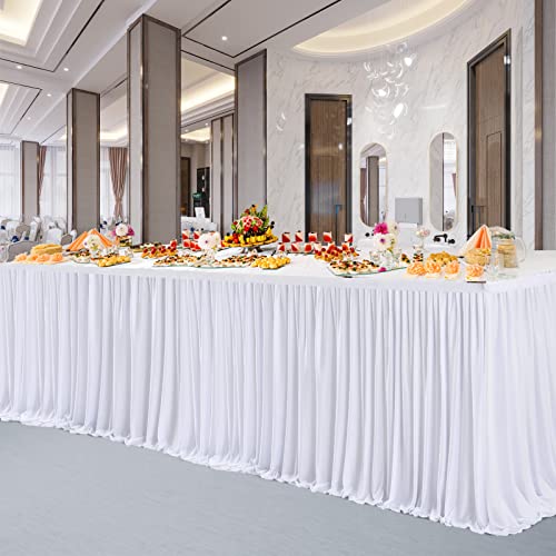 Partisky White Polyester Table Skirt for Rectangle Tables 12ft, Tutu Pleated Ruffle Table Skirt for Birthday Party Banquet Wedding Trade Baby Shower Display - Thumbnail 2