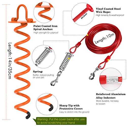 Vavopaw Dog Tie Out Cable And Stake, 360° Swivel Dog Tie Out Stake Spiral Ground Anchor, 33Ft Dog Chains Stake For Dogs Outside, Outdoor, Camping, Park, Yard Garden, Red+Orange #TOP2