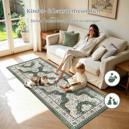TUKDAK Vintage Teppich Läufer Flur 60x180cm, Dunkelgrün Boho Teppichläufer für Flure rutschfest, Waschbar Kurzflor Küchenläufer… – Ansicht 3