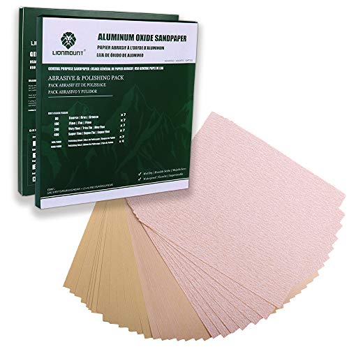LionMount Aluminum Oxide Sandpaper Sheets Assortment Grits for Wood Metal Sanding and Polishing 9x11 34 Pc Variaty Pack 80 180 240 400 Grit x 7 (with polishing block x 2 + stick x 4)
