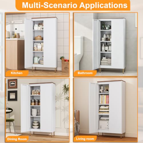 Image of 59 inch Metal Pantry Cabinet,White Kitchen Pantry Cabinets with Doors | Tall Freestanding Storage Cabinet with Adjustable Shelves,Anti-Tip,Modern Cabinet for Living Room, Kitchen, Bathroom,Dining