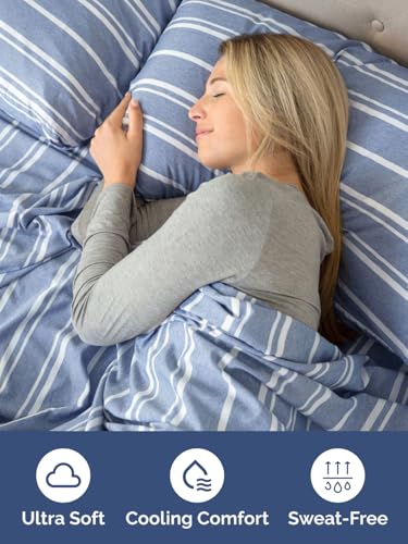 Image of Extra Deep Cal King Fitted Sheet - Single Fitted Sheet Only - Blue Stripes | Easily Fits 18 inch to 24 inch Mattress, Soft, Wrinkle Free, Breathable & Comfy, Extra Deep Pockets Hotel Luxury Fitted Sheet