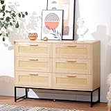 CCF Rattan Dresser 6 Drawer Dresser for Bedroom Mid Century Modern Dresser Natural Rattan Chest of Drawer Light Wood Dresser Boho Dressers for Entryway,Bedroom,Living Room，Hallway,43.4'*31.5'*15'