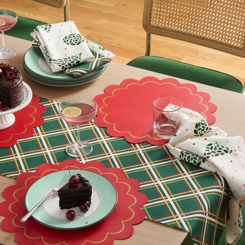 Image of kate spade new york Scallop Edge Round Reversible Placemats 6-Pack Set, Imitation Leather with Metallic Print, Water Resistant, Easy Wipe Clean, Red /Gold, 15 inch Round