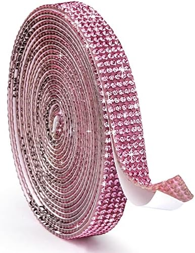 Self Adhesive Rhinestone Strips Diamond Bling Crystal Rhinestone Ribbon Sticker, Bling Wrap Roll DIY for Crafting, Cake Decorating and Fabric (0.45 inches * 3 Yards, Pink)