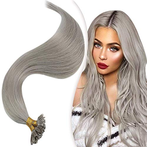 JoYoung Pre Bonded Hair Extensions U Tip Human Hair Grey Color Extensions Pre Bonded Keratin U Tip Hair Extensions Human Hair Remy Straight Utip Hair 18in 50g 50s