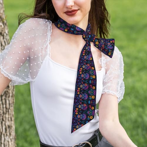 Sugar Skull Day of The Dead Flowers Women's Head Scarf Thin Long Neck Scarves Fashion Hairband Waistband Purse Scarf3