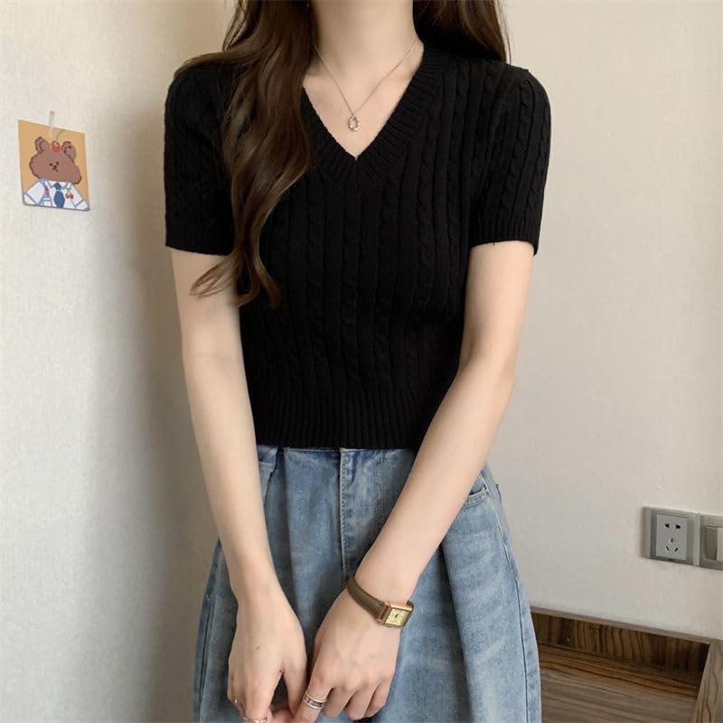 Image of ICW Women's Acrylic Knitted Ribbed Half Sleeve V-Neck Self Design Crop Top T-Shirt 128