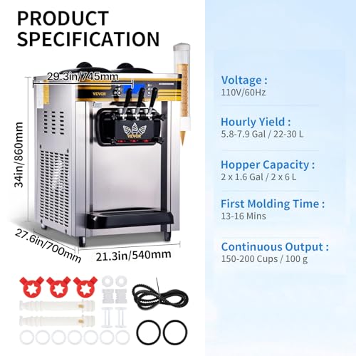 Image of VEVOR Commercial Ice Cream Maker, 22-30L /H Yield, Countertop Soft Serve Machine with 2x6L Hopper 2L Cylinder LCD Panel Puffing Shortage Alarm, Frozen Yogurt Maker for Restaurant Snack Bar