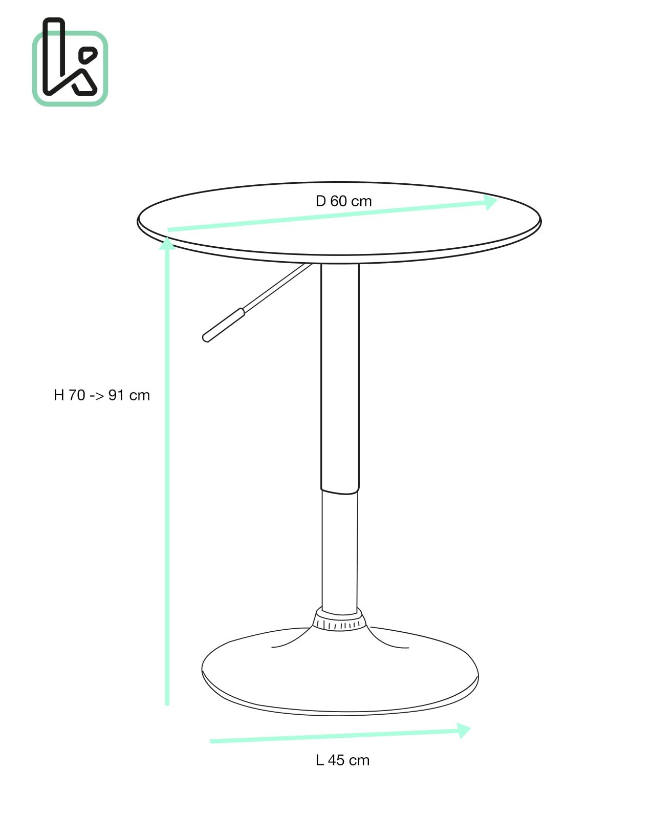 KAYELLES Table de Bar Ronde, Table de bistrot Design, Mange Debout, Hauteur réglable Pied Chrome, Ø60cm, pivotant SETI (Blanc)