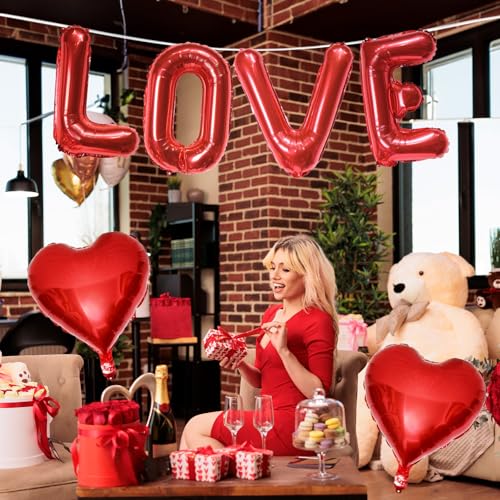 Image of Love Balloons Banner and Heart Shaped Balloon, Love Balloons Decorations for Him Her I Heart You Valentines Day Balloon for Valentine Day Romantic Wedding Anniversary Engagement Party Supplies