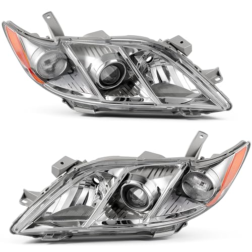 AUTOSAVER88 Projector Headlight Assembly Compatible with 2007-2009 Toyota Camry (Exclude Hybrid) Replacement Halogen Headlamps Left and Right Chrome Housing Amber Reflector Clear Lens (W/O Bulbs)