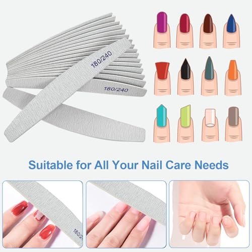 Nail Files (12 Pack), 180/240 Grit Wooden Emery Board Nail File Double Sided Wood Emory Fingernail Files for Natural Nails Professional Reusable Manicure Pedicure Curved