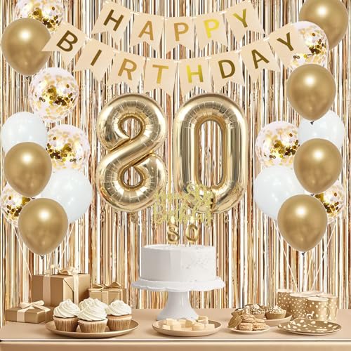 Image of Trgowaul 80th Birthday Decorations for Women, Banner, Sash and Crown, Cake Topper, 80 Number Balloon, Fringe Curtains, Champagne Gold 80th Birthday Party Supplies