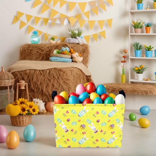 Image of Large Empty Easter Basket for Kid Yellow Fabric Personalized Bunny Eggs Easter Gift Basket for Boy and Girl (Rabbit Chicken)