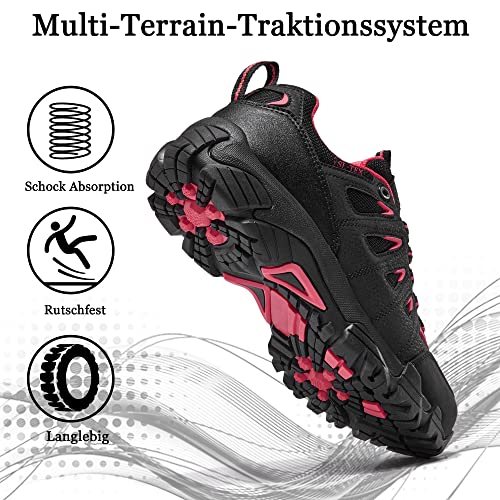 SHULOOK Wanderschuhe Damen Wasserdicht Leicht Trekkingschuhe Damen rutschfeste Bergschuhe Outdoor Schuhe für Camping,Hiking,Angeln (Schwarz Rot EU 39)