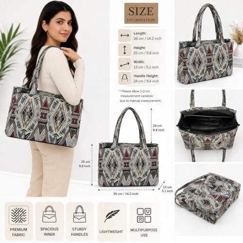 Image of Stylish Buoy Tote Bag for Girls & Women | Sturdy Cotton Blend Jacquard | Double Shoulder Ladies Handbag Purse For Daily & Office,Travel Use | Zip Pocket | Handcrafted