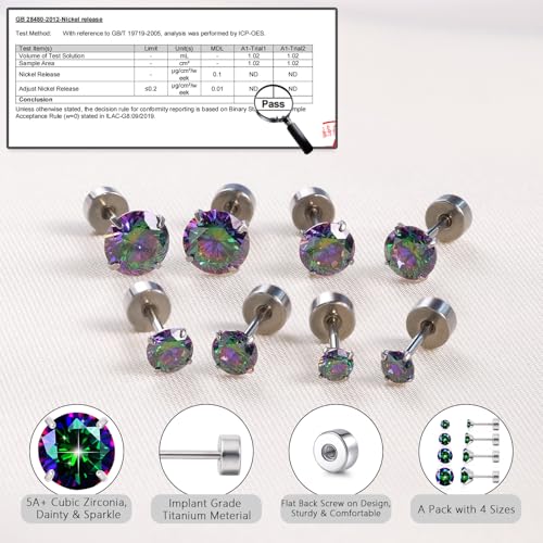 limerencia 4 Pairs G23 Hypoallergenic Flat Back Titanium Earrings Set for Women Men,20G 3-6mm Screw Back Cubic Zirconia Studs Cartilage Earrings for Sensitive Ears4