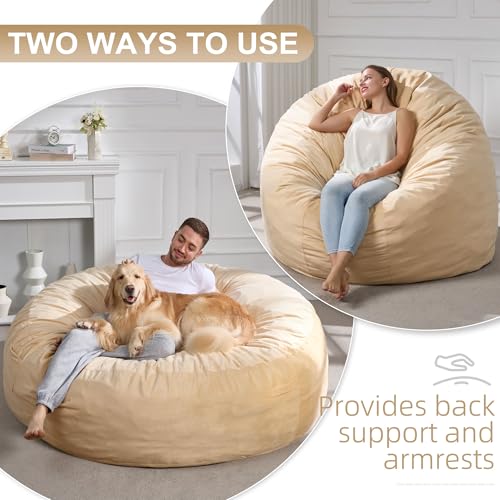 Image of Hobestluk Giant Bean Bag Chairs 6FT Oversized BeanBag Chair for Adult Jumbo | Memory Foam,Washable Cover,Velvet Fabric,Storage Pocket,Portable Handle,Durable Round Bean Bag Bed for Adults | Khaki 6FT