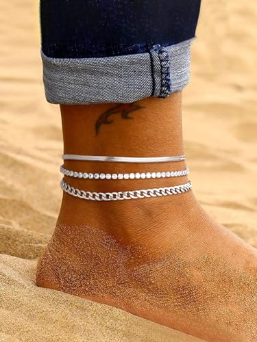 Image of FindChic Black /Silver /Gold Plated Anklets Set of 2PCS /3PCS Herringbone Chain Cuban Link Heart Charm Sparkling Tennis Ankle Bracelets, Waterproof Summer Foot Jewelry for Beach