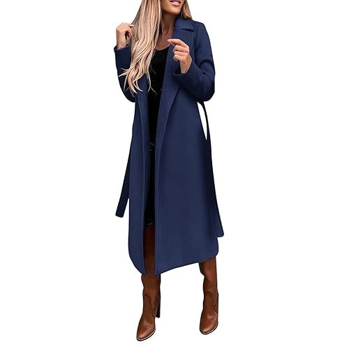 FUPODD Wintermantel Damen Lang Elegant Wollmantel Winter Damen-Mäntel Mit Gürtel Winterjacke Warm Trenchcoat Revers Damenmantel Übergang Lange Mantel Frauen Casual Jacke Outwear Einfarbig Wintercoat - XXL - Marine