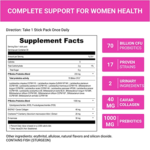 Image of UpNourish Probiotics, Caviar Collagen with Prebiotics for Women's Digestive, Skin Radiance, and Feminine Health with Cranberry Extract & D-Mannose, 30 Fast-melt Packets