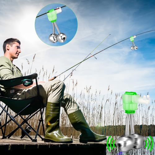Soulchen 50 Pcs Fishing Rod Bells 2 Inch Green Double Bell Bite Alarms with Spiral Clip Portable Reusable Bite Indicator for Night Fishing - Thumbnail 5