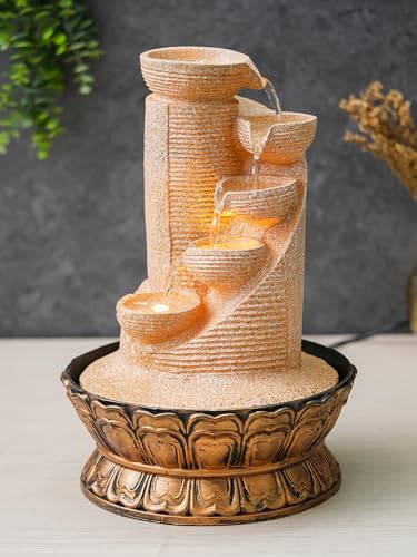 Image of CHRONIKLE Polyresin Sand Designer Table Top Indoor 5 Artistic Steps Waterfall Fountain with Yellow LED Lights & Water Flow Controller Pump (Size: 41 x 25 x 25 CM | Weight: 1980 gram | Color: Sand)