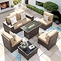 VONZOY 7 Piece Patio Furniture Set with Fire Pit Table, Outdoor Conversation Sets Wicker Rattan Sectional Sofa with Coffee Table, 4'' Thickened Cushion Beige (Include Waterproof Cover)