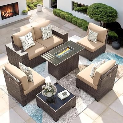 VONZOY 7 Piece Patio Furniture Set with Fire Pit Table, Outdoor Conversation Sets Wicker Rattan Sectional Sofa with Coffee Table, 4'' Thickened Cushion Beige (Include Waterproof Cover)