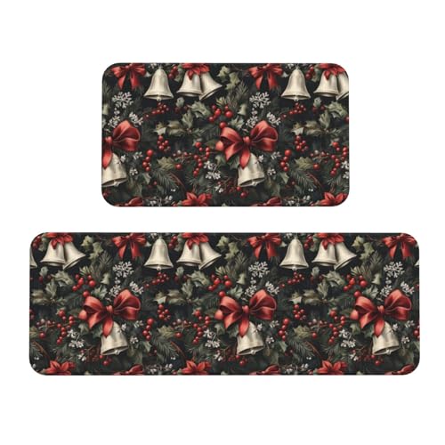 GVYGVY Antifatigue Kitchen Mats for Floor 2 Piece - Christmas Bell Print Kitchen Rugs Washable, Non Slip Runner Rug Standing Mat for Office/Bathroom/Laundry/Home Decor and Accessories