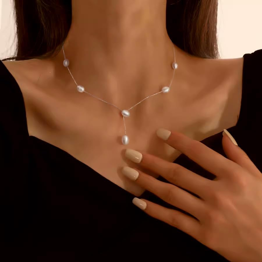 Dainty Pearl Necklaces for Women 925 Sterling Silver Simple White Pearl Drop Y Long Pendant Necklace Pearls Gold Choker Necklace for Mother Bride Birthday Wedding Valentines Day Jewelry Gift - Image 3