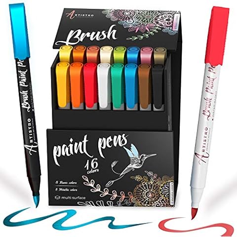 Acrylic Paint Pens Brush Tip, 8 Metallic & 8 Basic Colors Acrylic Paint Markers. Set for Rock Painting, Calligraphy, Scrapbooking, Brush Lettering, Card Making, Sketching, Black Paper, DIY Photo Album Cover