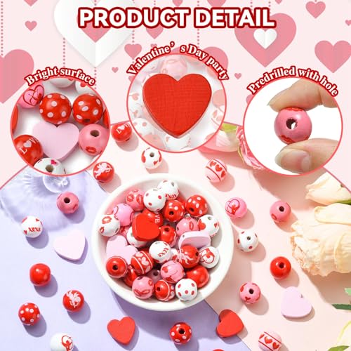 Stiesy 120Pcs Valentines Theme Wooden Beads Wood 16mm Round Beads Red Love Heart Polka Dot Spacer Beads Set for Jewellery Making DIY Bracelet Crafting - Image 3