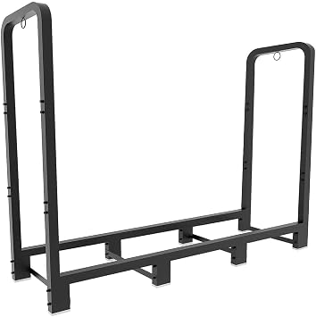 4ft Outdoor Firewood Rack, Upgraded Adjustable Heavy Duty Logs Stand Stacker Holder for Fireplace - Metal Lumber Storage Carrier Organizer, Bright Black