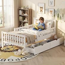 Mirightone Twin Bed with Rails for Kids, Wood Twin Size Platform Bed with Storage Drawers, Twin Storage Bed with Guardrails on Both Sides for Girls Boys,White